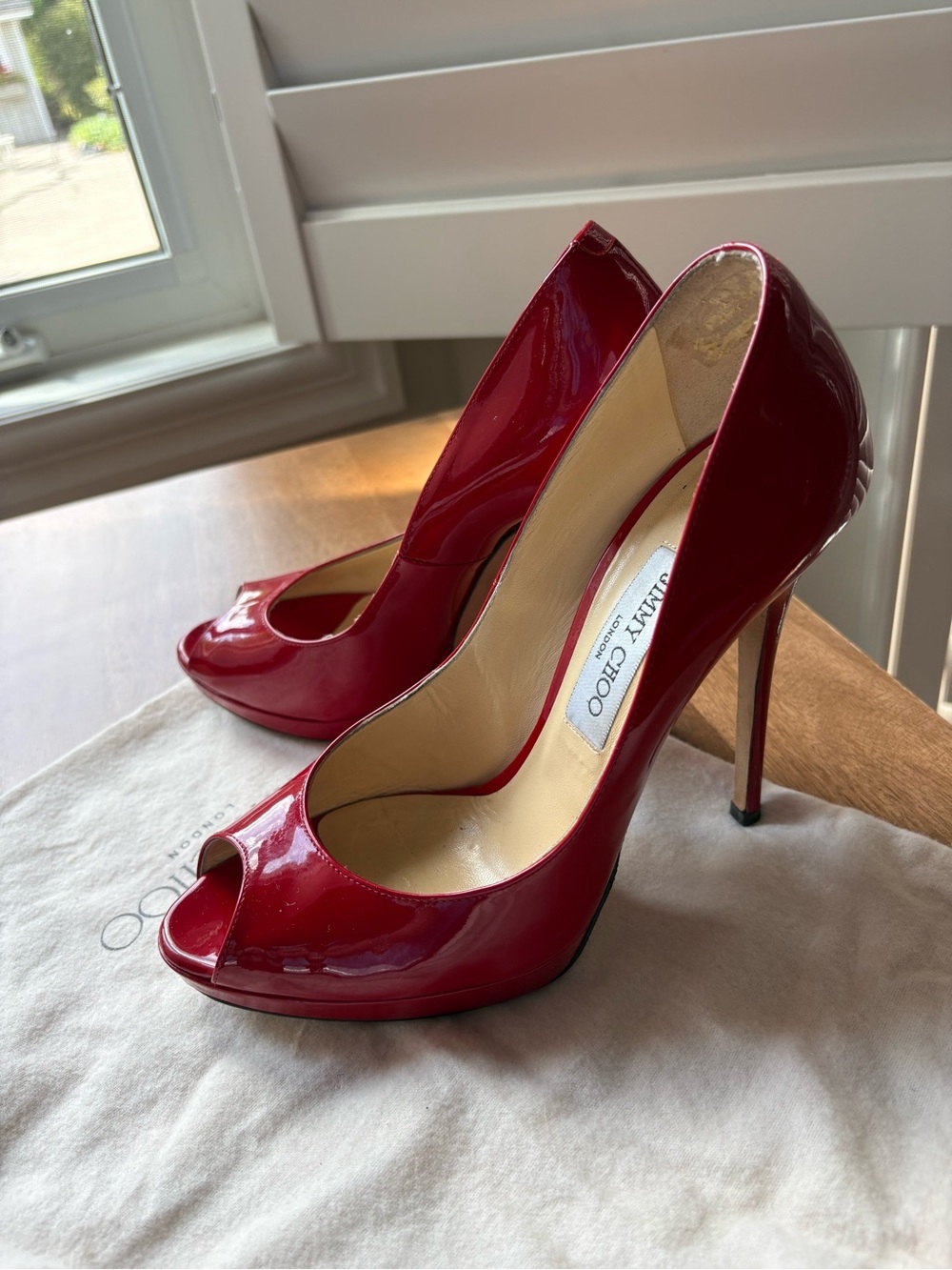 Jimmy Choo Red Patent Leather Peep-Toe Stilettos